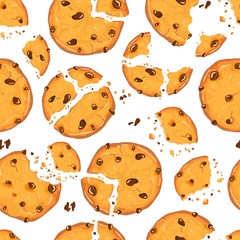 Seamless pattern with homemade choco chip cookies with chocolate crisps isolated on white background. Vector pattern in cartoon flat style.