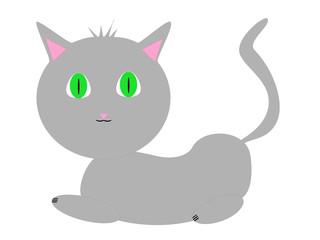 Vector. Illustrations. Gray kitten lying on white background. Cartoon kitty.