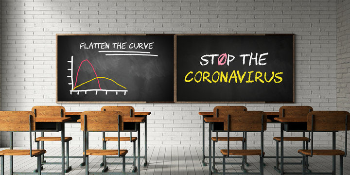 empty classroom with message FLATTEN THE CURVE, STOP THE CORONAVIRUS on a blackboard