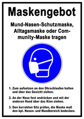 ds108 DiskretionSchild - Gebotsschild, Gebotszeichen: Schild mit der Aufschrift - Maskengebot - Mund-Nasen-Schutzmaske, Alltagsmaske oder Community-Maske tragen - Simple. - DIN A1 A2 A3 A4 - xxl g9476