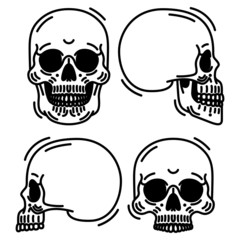 Vector set of skull line icons/ Linear style skull icons/ Front and side view thin line skull icons