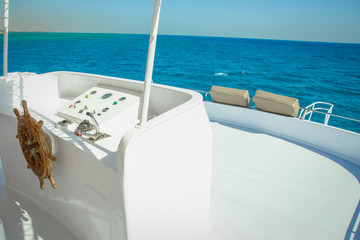 Obraz premium A Ship yacht in travel vacation by the sea background. Captain's helm on a boat.