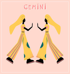 Illustration with Gemini - astrological zodiac sign. Abstract print with The Twins - two women in modern cloth