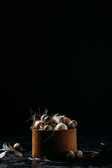basket with chicken and quail eggs on a black background