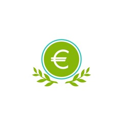 Valid seal with euro sign and green leaves. Income growth flat icon. Isolated on white.