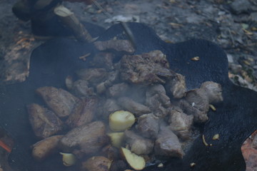 cook in nature, fry meat potatoes on a fire, rest in the forest