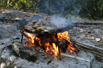 cook in nature, fry meat potatoes on a fire, rest in the forest