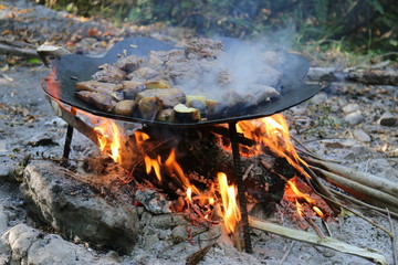 cook in nature, fry meat potatoes on a fire, rest in the forest