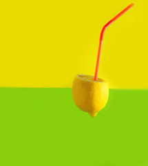 lemon background with a straw. Green and Yellow Stripes Background.