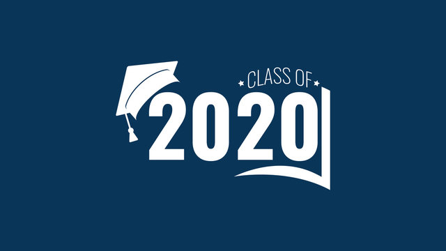Class of 2020. White number, education academic cap and open book on blue background. Template for graduation design frame, high school, college congratulation graduate, yearbook. Vector illustration.