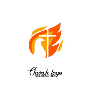 Church logo. Christian symbols. The cross of Jesus and the flame of the Holy Spirit.