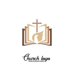 Church logo. Christian symbols. The Bible, the cross of the Lord, and the dove are the Holy Spirit.