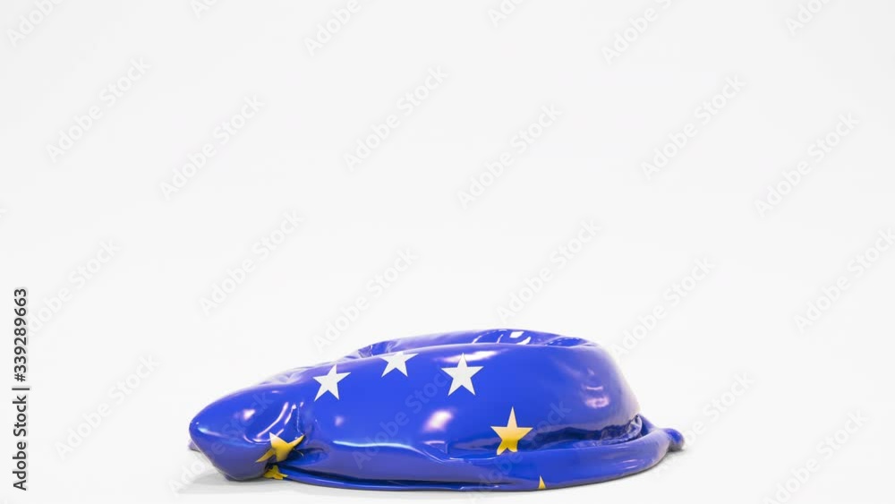 Poster deflating inflatable piggy bank with printed flag of the eu. european financial crisis related conce