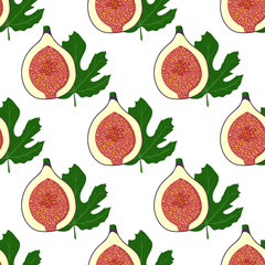 Seamless pattern of fruit figs and green leaves on white background. Vector flat illustration.