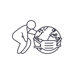 pictogram man and earth planet with mouth mask icon, line style