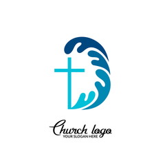 Obraz premium Church logo. Christian symbols. The cross of Jesus and the waves of living water.