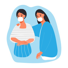 People are wearing surgical mask. Friends or family support each other and ask to put medical mask to prevent of virus