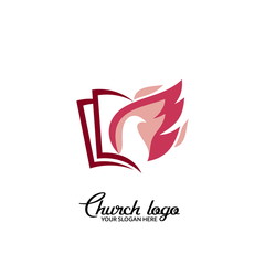 Church logo. Christian symbols. Dove and flame on the picture of open pages.