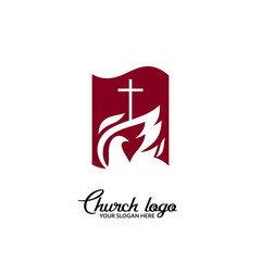 Church logo. Christian symbols. Cross of the Lord and Savior Jesus Christ and a dove on the background of the page.