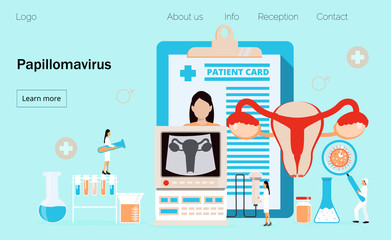 Papillomavirus concept vector for homepage of medical website. HPV is reason of cervical cancer. Tiny doctors treat papilloma virus.