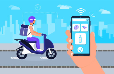 Food delivery concept vector. Screen of smartphone with tracking app. Delivery man is driving motorbike with a fresh meal and vegetables, milk, meat. Supermarket food order online