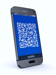 phone with QR code on white background. Isolated 3D illustration