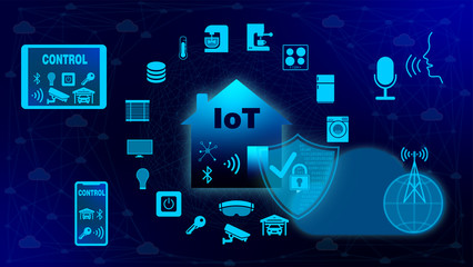 IOT at home. House surrounded by icons of home IOT devices. Illustration concept white on blue background