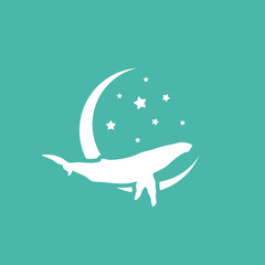 White silhouette of graceful whale and stars. Fairy tale symbol.
