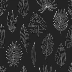 Fototapeta premium Seamless pattern from a set of tropical or forest leaves of white skeich on a black background, oval or ovoid type with slices