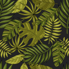 Seamless pattern from a set of tropical or forest leaves with many shades of green on a black background, oval or ovoid type with slices