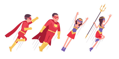 Male, female super hero wearing costume, flying up to attack or protect. Effective man, woman warrior with superpower combat, battle skills, heroic brave people. Vector flat style cartoon illustration