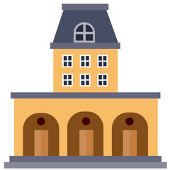 large city building with a blue roof attic and three arches with entrances on a white background, vector illusion,