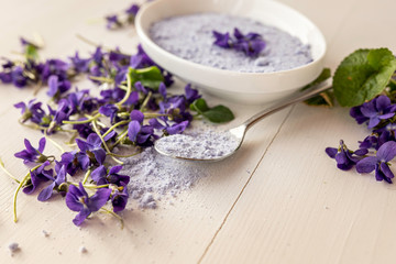 viola violeta odorata violet natural sugar bath salt on white background in porcelain dish 