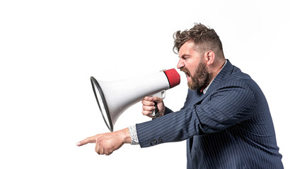 Plump boss yelling with a bullhorn