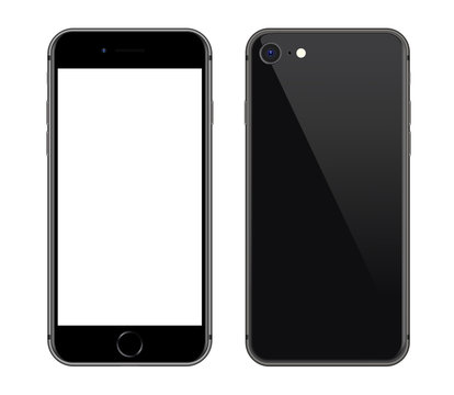 Anapa, Russian Federation - April, 15, 2020: New Black Iphone SE, Front and back side.  Smartphone mock up with white screen. Illustration for app, web, presentation, design.