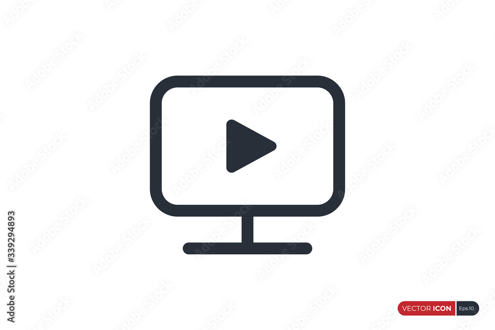 Poster computer monitor icon with play icon inside isolated on white background. flat line icon design temp