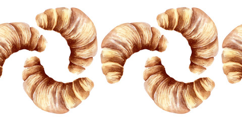 Watercolor border with buns, cupcakes with cream and ripe strawberries, raspberries and cherries