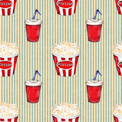 Watercolor fast food icons set seamless pattern