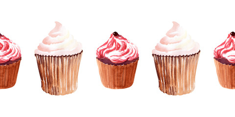 Watercolor border with buns, cupcakes with cream and ripe strawberries, raspberries and cherries