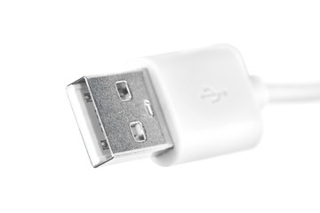 Close up white USB cable plug isolated on white background