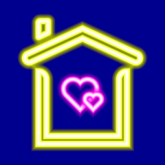 Glowing neon house with heart shape icon isolated on background. Love house symbol. Family and real estate. Stay