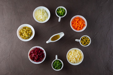 Fototapeta na wymiar Ingredients for vegetable salad vinaigrette .