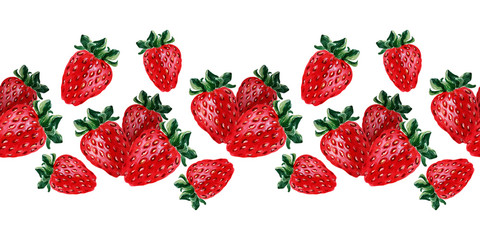 Fototapeta na wymiar Watercolor border with buns, cupcakes with cream and ripe strawberries, raspberries and cherries