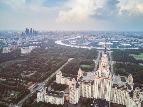 Lomonosov Moscow State University, one of seven stalinism skyscrapers also known as Seven Sisters, and panorama of Moscow, Russia. Aerial view