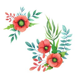 Vintage hand drawn watercolor poppies and greenery bouquet isolated on white background.