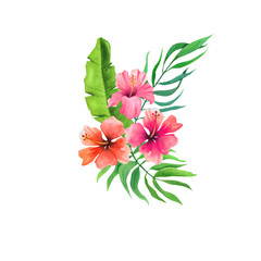 Summer time. Tropical flowers and leaves bouquet. Hand drawn watercolor elements isolated on white background