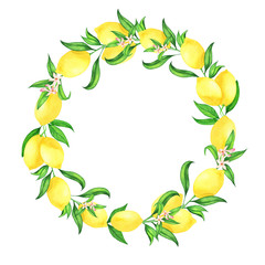 Wreath with watercolor hand-drawn fresh lemons