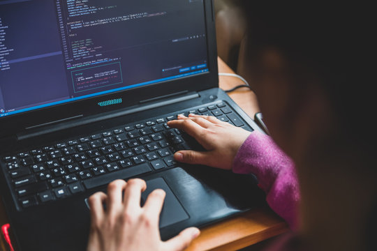 Young caucasian girl in pink sweater at computer while studying online programming at home near the window