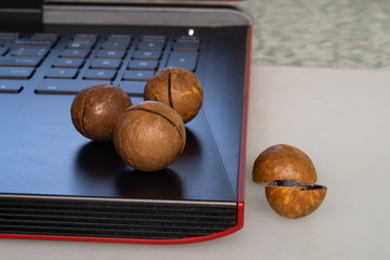 A few macadamia nuts on a laptop keyboard