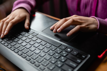 Young caucasian girl in pink sweater at computer while studying online programming at home near the window